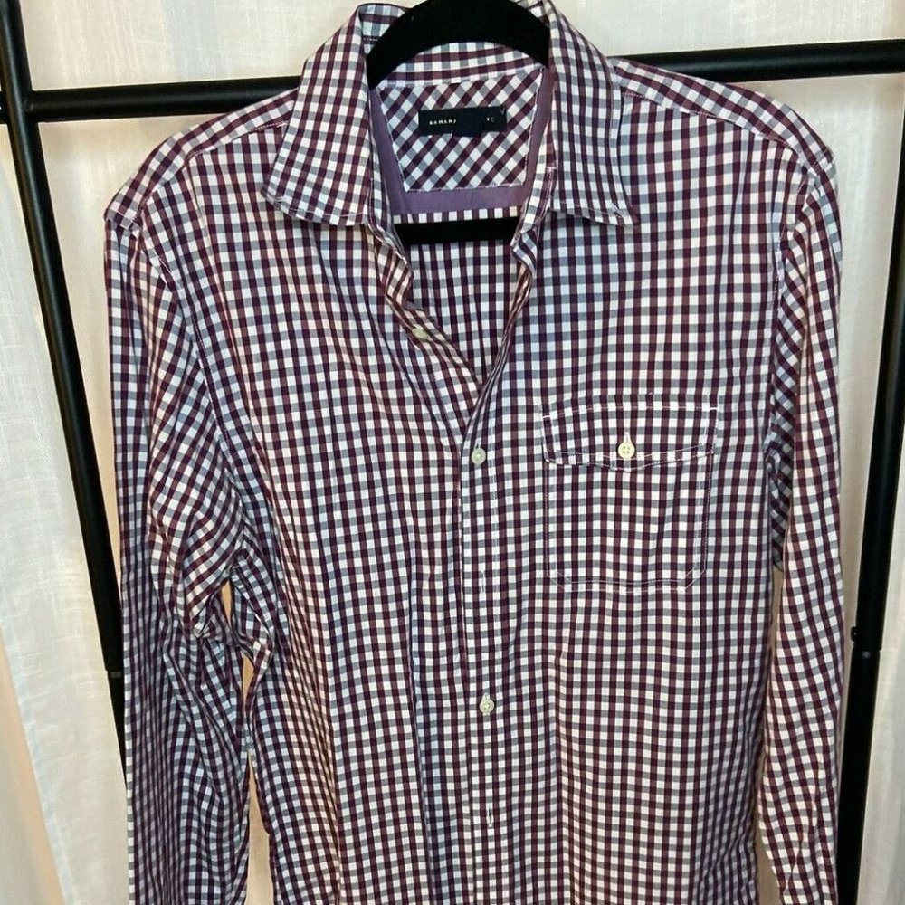 Banana Republic Men's Burgundy Checkered Single Pocket Button Down M (15-15.5”)